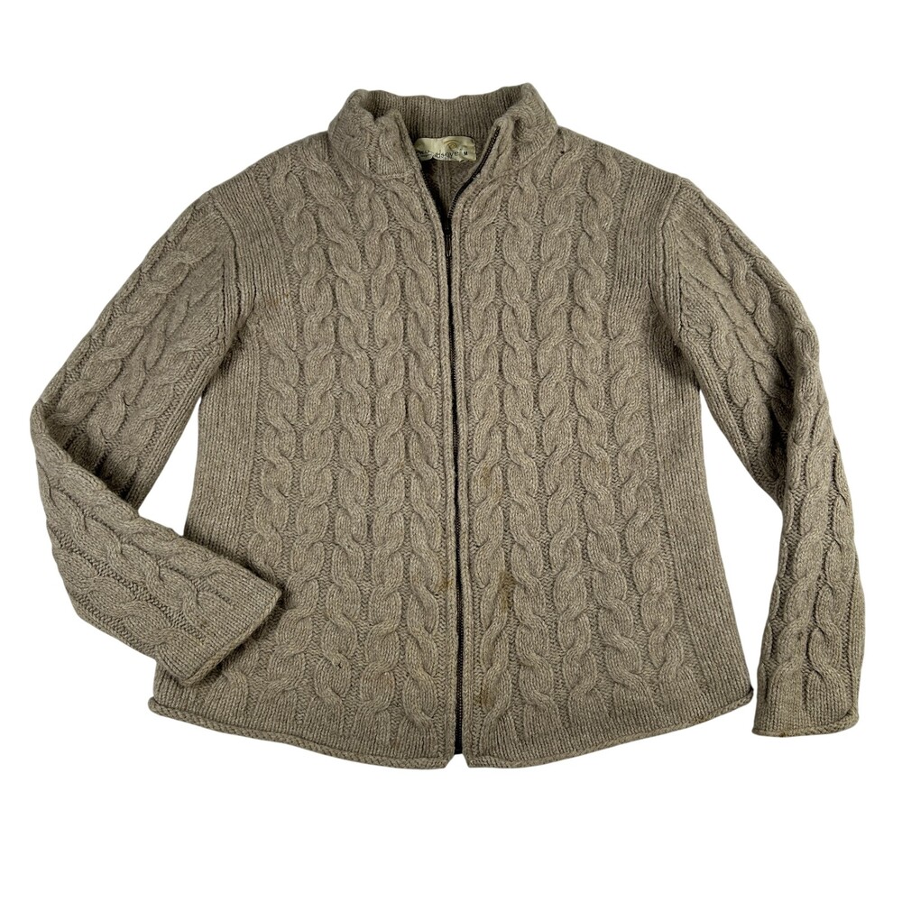 IrelandsEye Cardigan Sweater Womens M Beige Cable Knit Full Zip Lambswool Silk